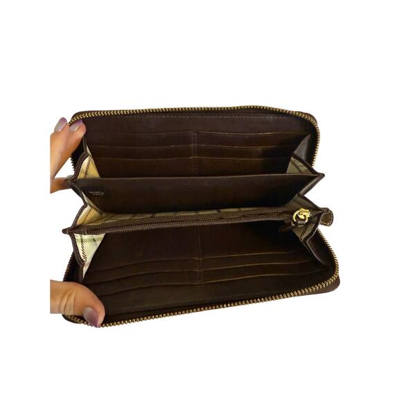 Coach Logo Signature Brown Zip Around Rectangle Wallet Credit Cards Coin Pocket - Picture 3 of 8